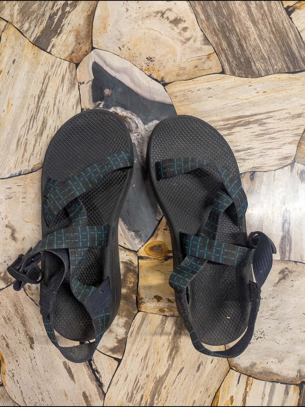 Black Chacos Strappy Outdoor Sandals with Green Plaid Accent